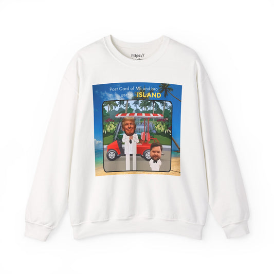 Postcard graphic of Trump and JD on the Island Crewnck