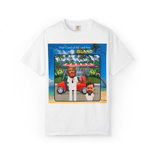 Postcard graphic of Trump and JD on the Island T shirt