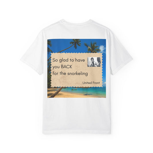 Postcard graphic of Trump and JD on the Island T shirt